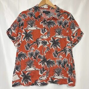 Tahari Womens 100% Linen Tropical Palm Tree Print Button Down Shirt Orange SizeM